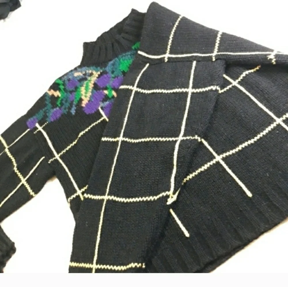 Floral Grid Sweater 100 % Shetland Wool Black Purple And Yellow Size Medium - Picture 4 of 11